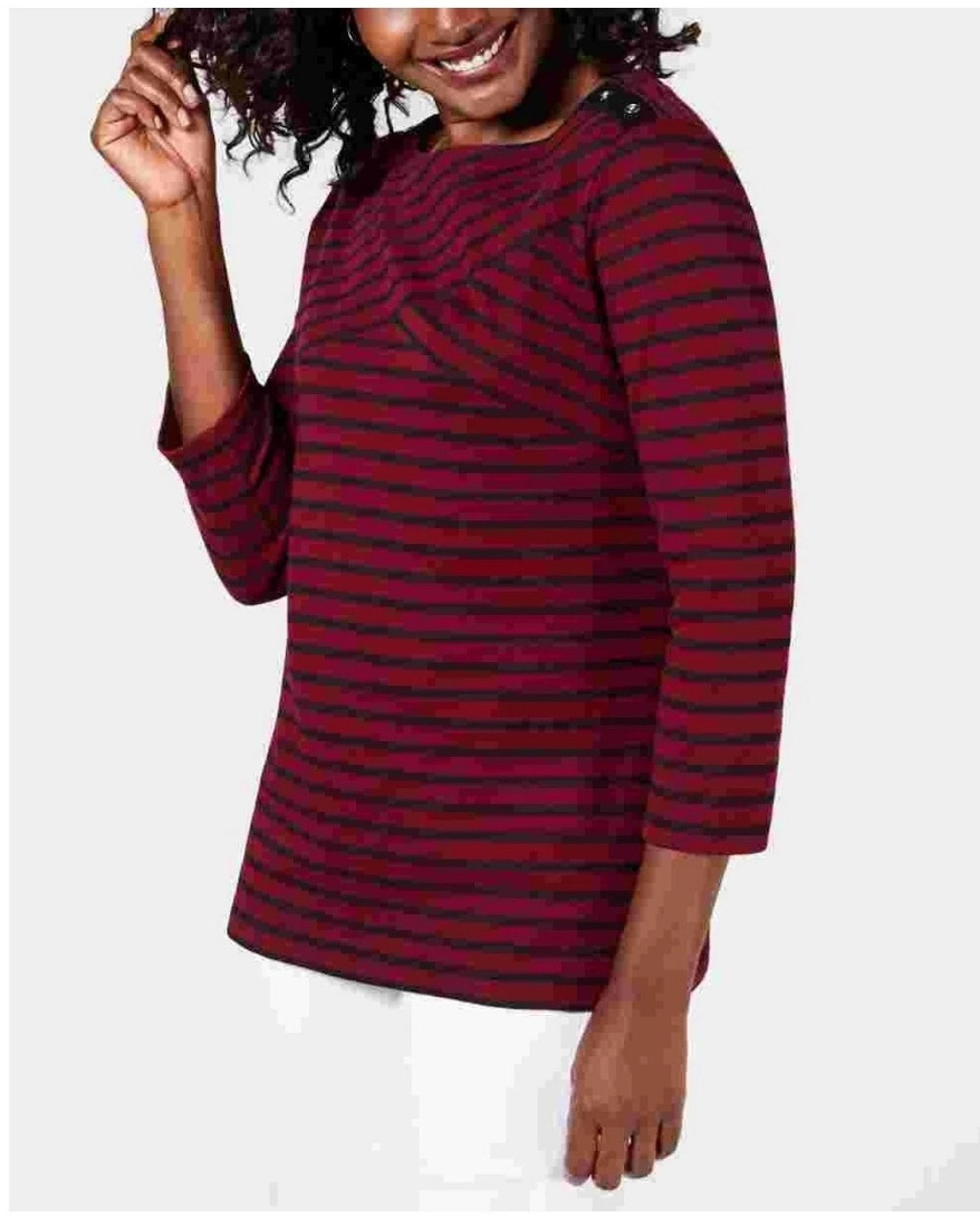 Karen Scott Womens Large Merlot Black Striped Boatneck Button Top