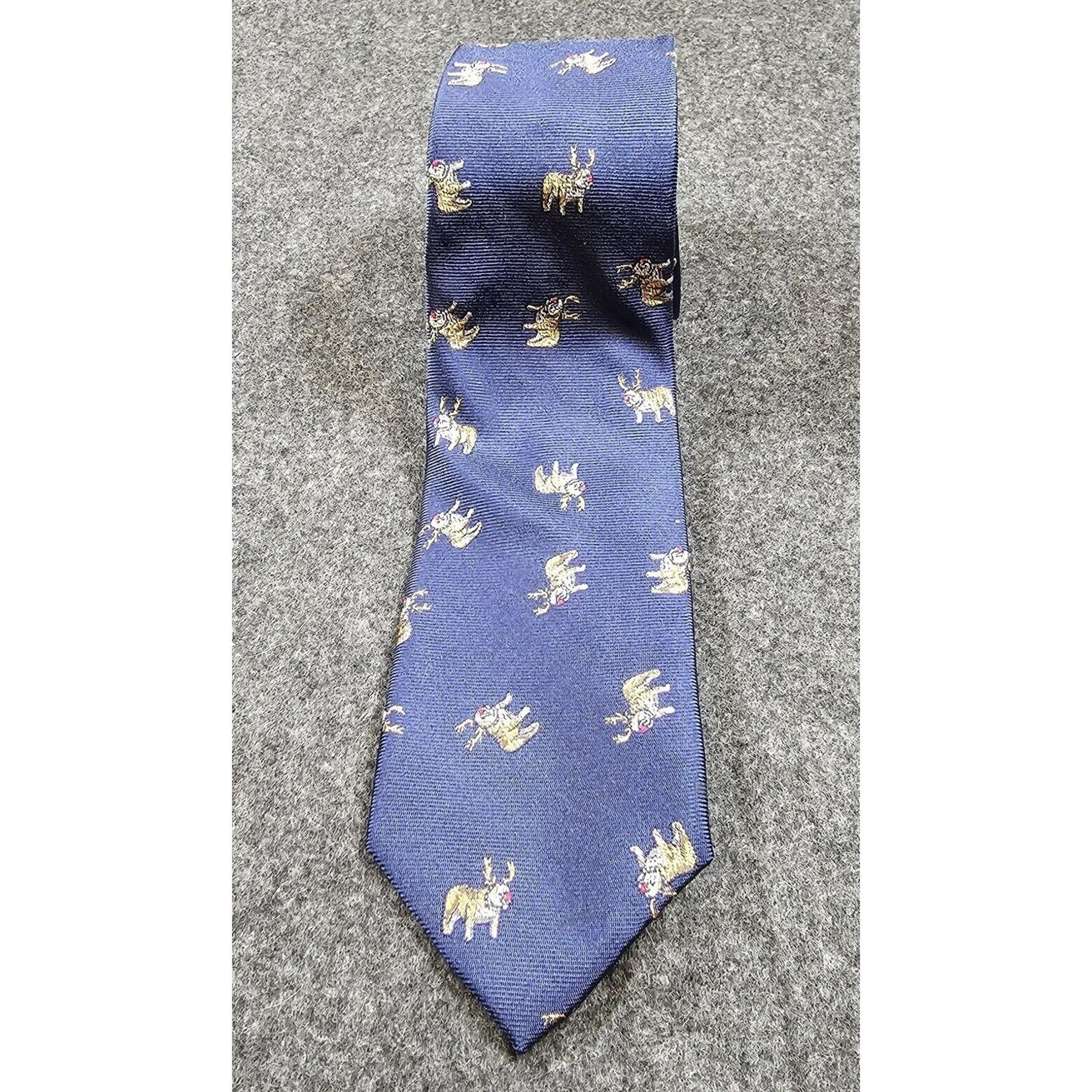 J Crew Christmas Tie Pug Reindeer Dog 100% Silk Blue 61" Long Necktie J.Crew
