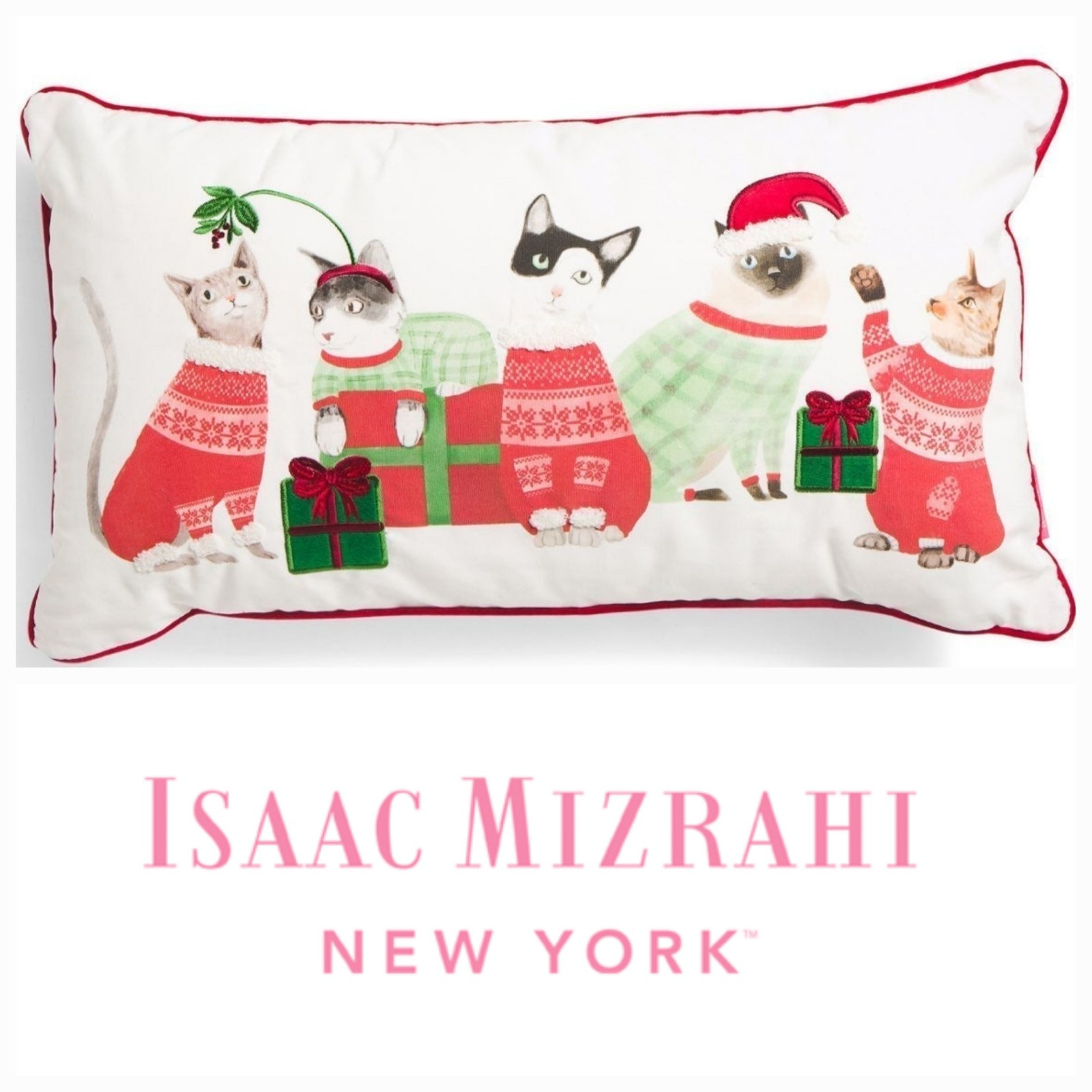 Isaac Mizrahi 3D Christmas Kitty Cat Pajama Decorative Throw Pillow