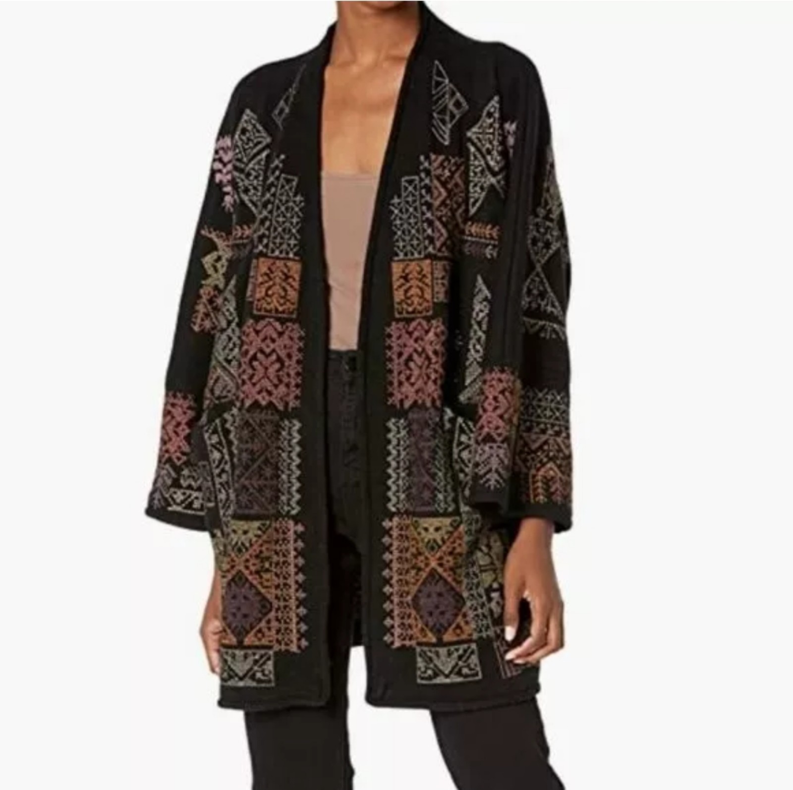 Johnny Was Fenella Kimono Jacket Black Midweight Knit Multi Embroidery Medium