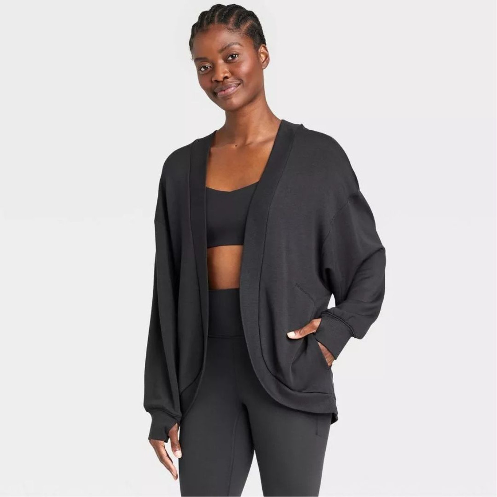 All In Motion Women's Open Front French Terry Cardigan Thumbholes Black Small