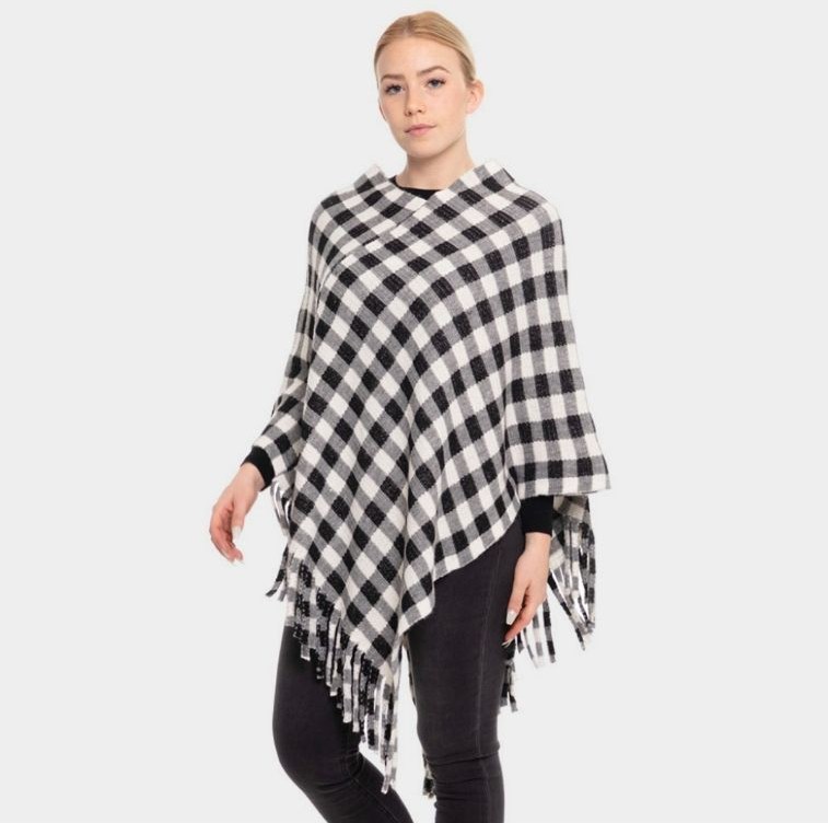Black & White Buffalo Check Fringe Poncho Sweater Tasseled Edges Statement Style