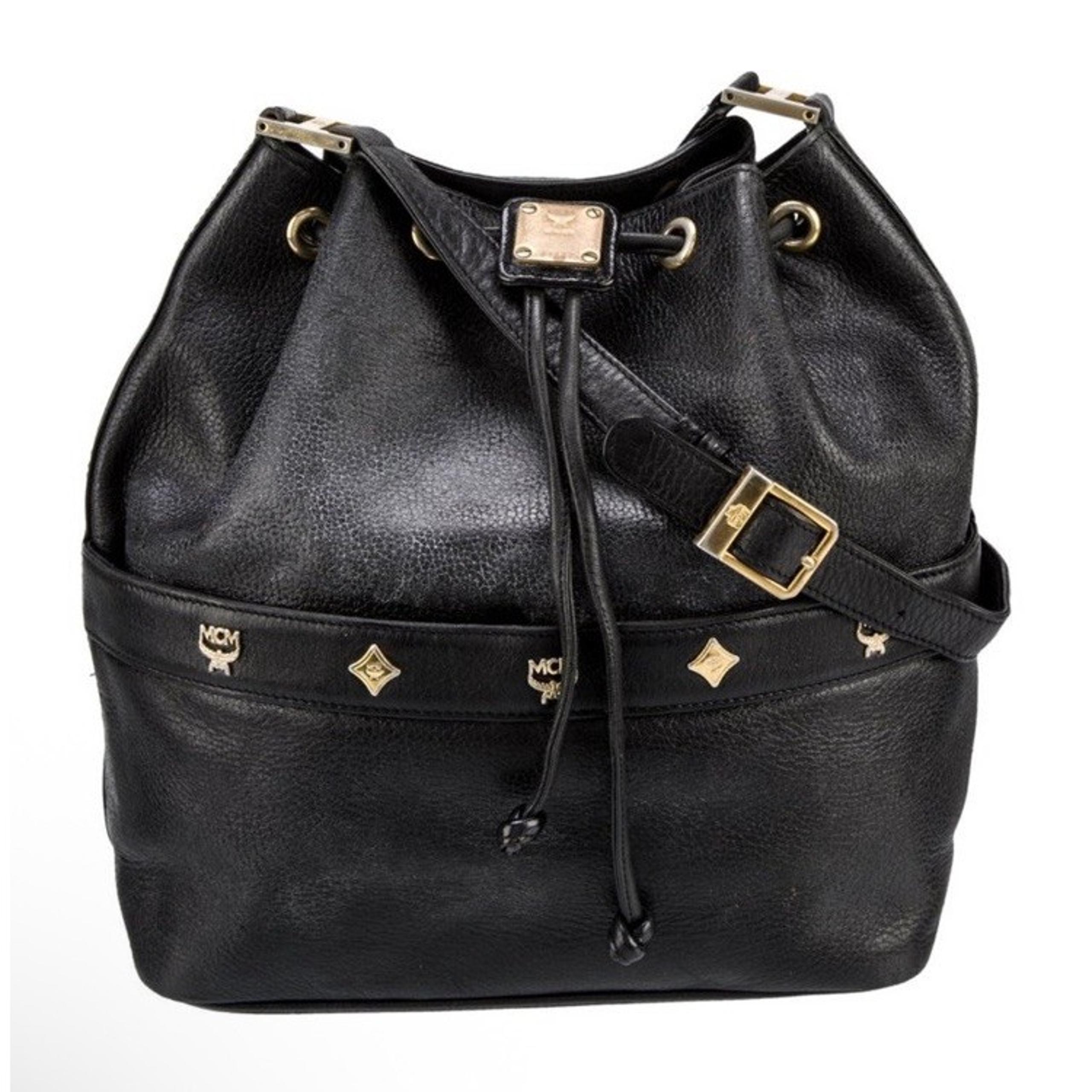 MCM Vintage Black Leather Drawstring Bucket Bag Purse Rare Large Boho Hippie