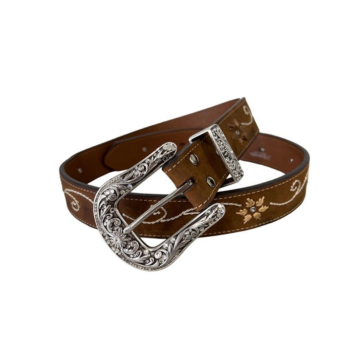 Nocona Floral Rhinestone Embroidered Western Belt Womens M Brown Genuine Leather