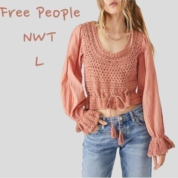 NWT Free People Megan crochet coral sand top L