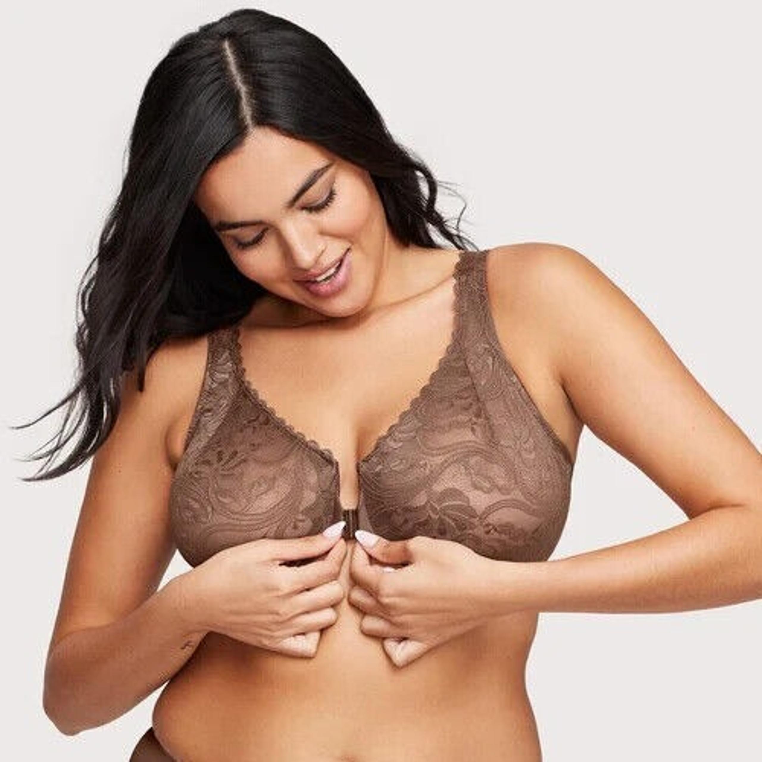 Glamorise Bra Womens 34B Front Closure Stretch Lace WonderWire 9245 Brown