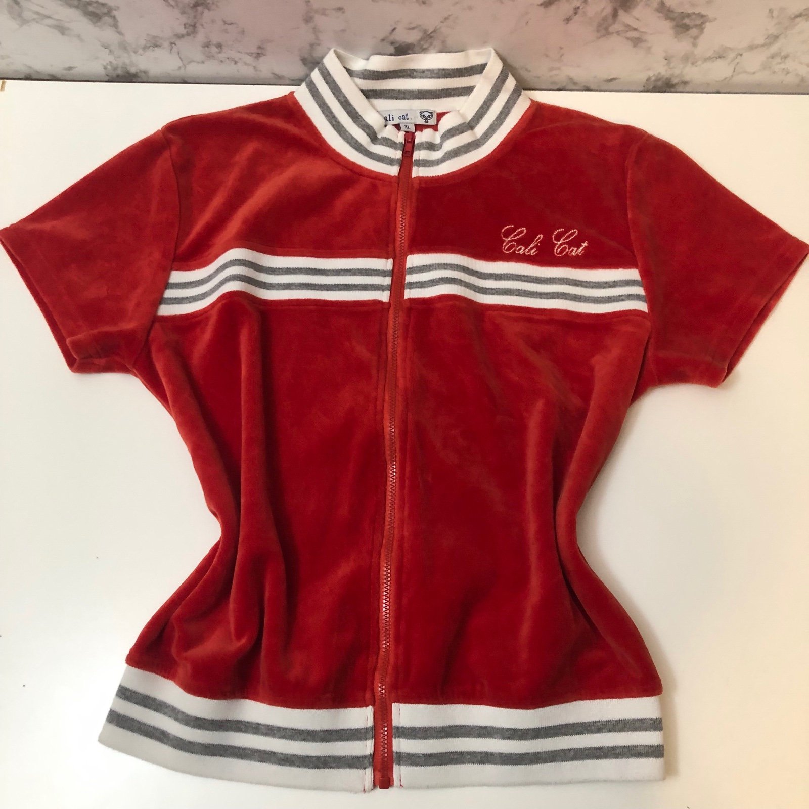 Rare Vintage Velour Cali Cat Red Stripped Zip Up Short Sleeve