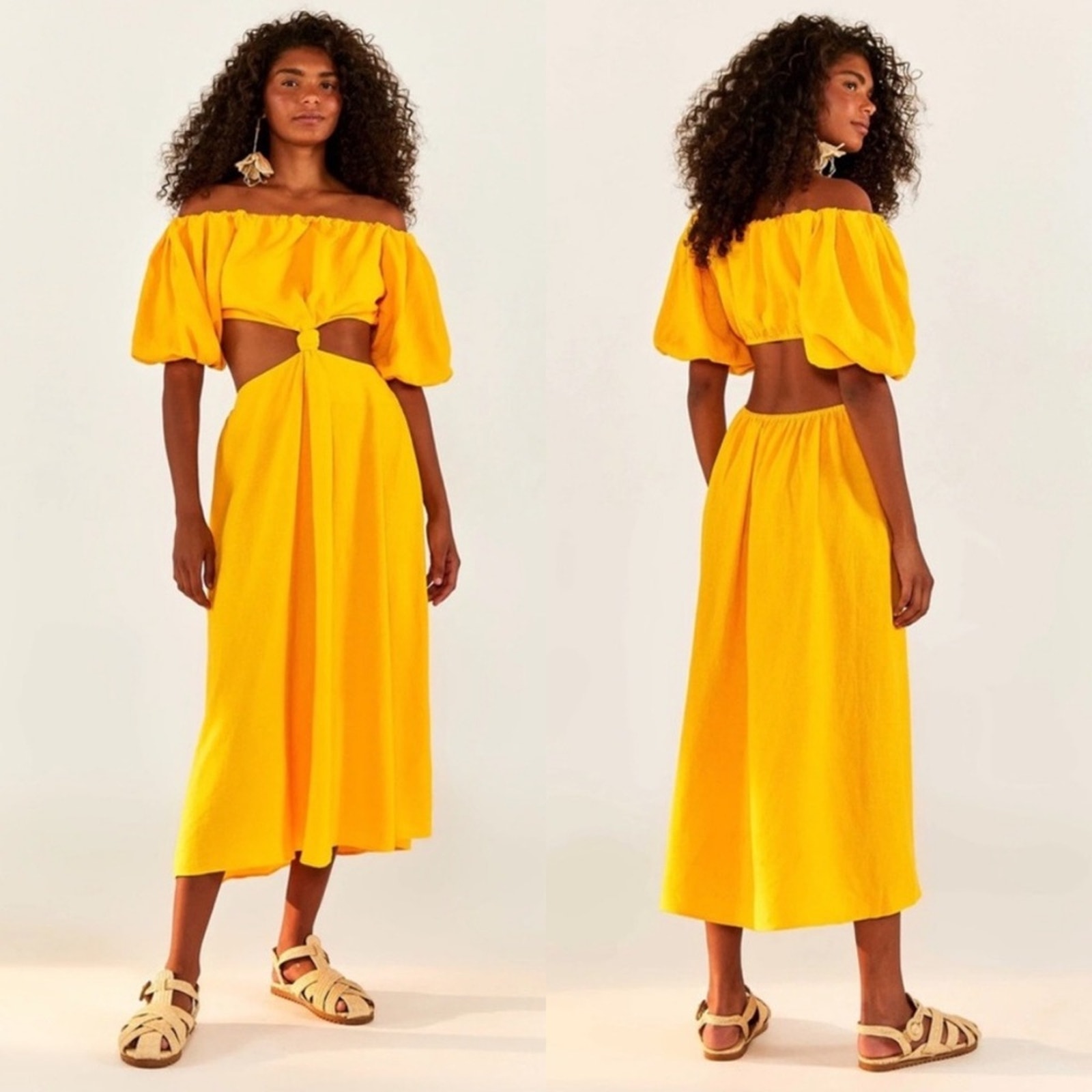 Farm Rio Linen Blend Yellow Off The Shoulder Cut Out Short Sleeve Midi Dress XS
