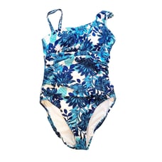 BLEU ROD BEATTIE One Shoulder Shirred One Piece Floral Blue White Swimsuit 8 NWT