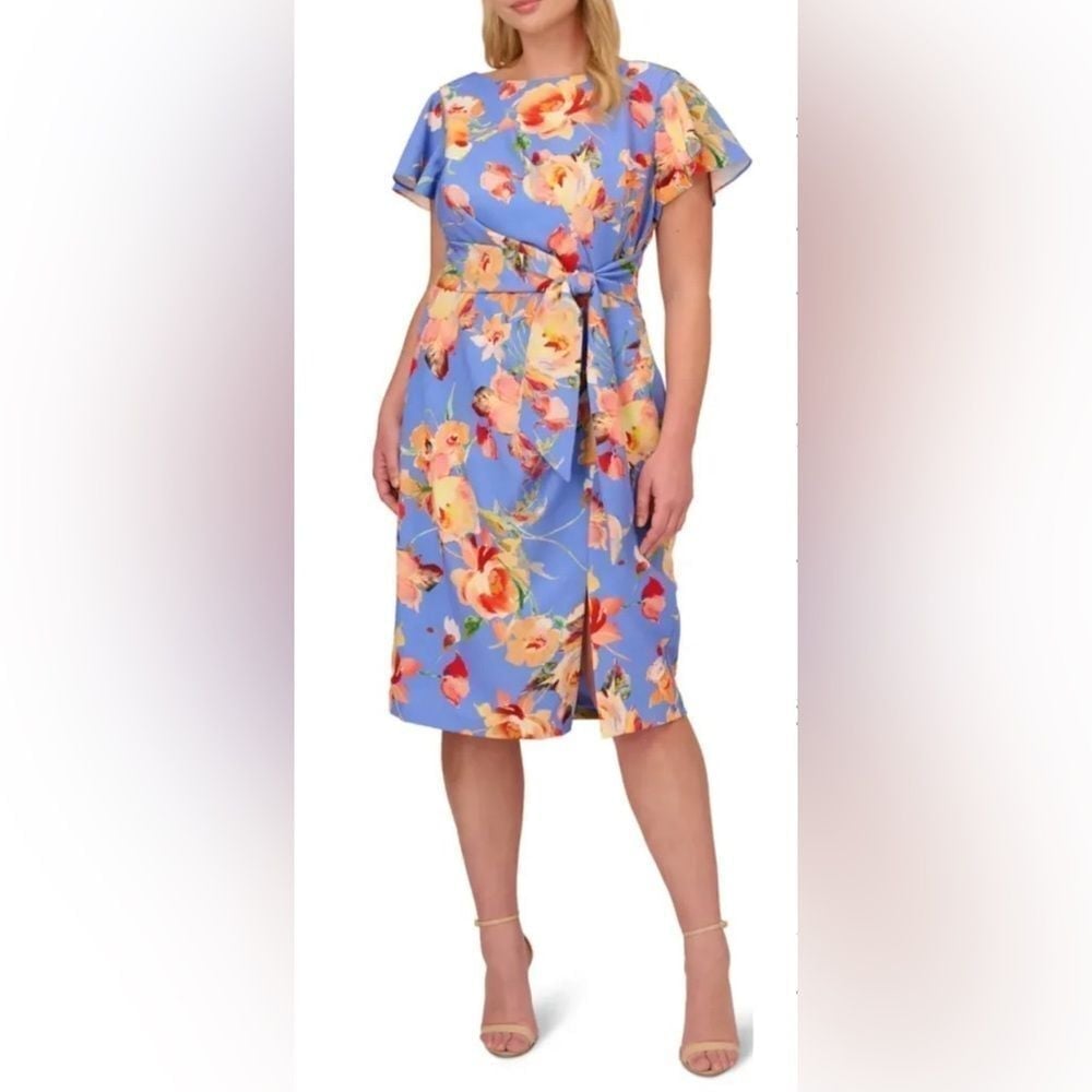 Adrianna Papell NWT Tie Front Blue Floral Boat Neck Knee Length Dress- Size 12