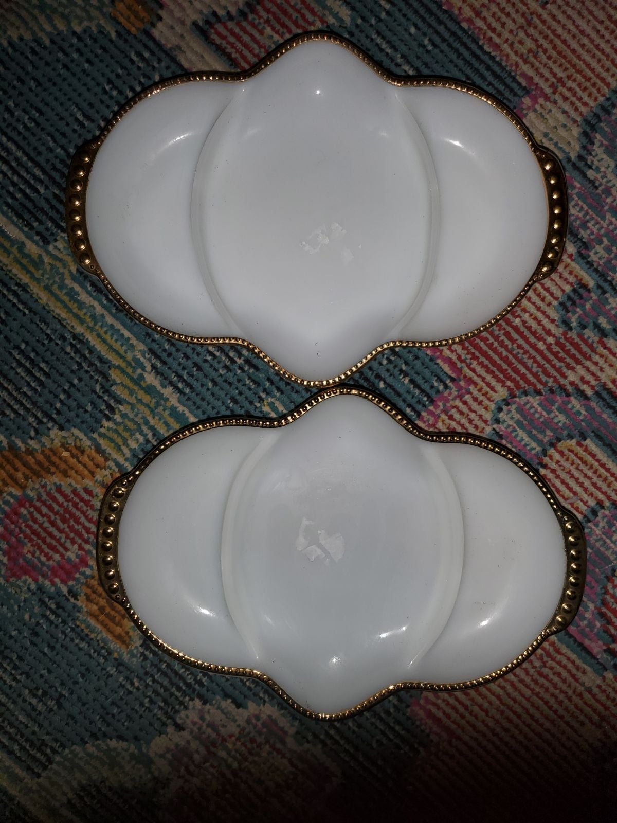 White Milk Glass Divided Relish Dish Fire King Gold Trim 2
