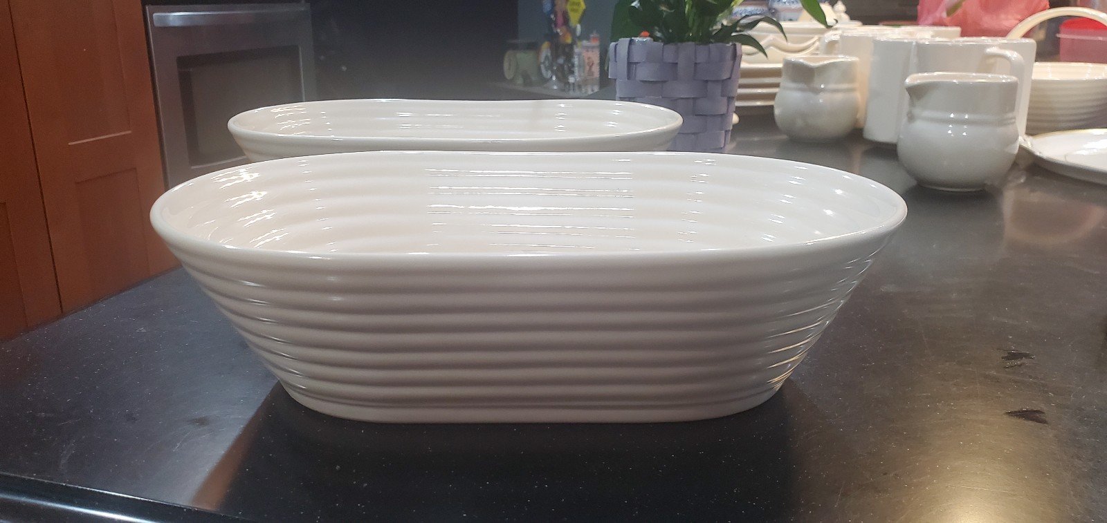 Claudia Shuride Serving Bowls White Modern Ribbed Ceramic Oval Bowls (2)