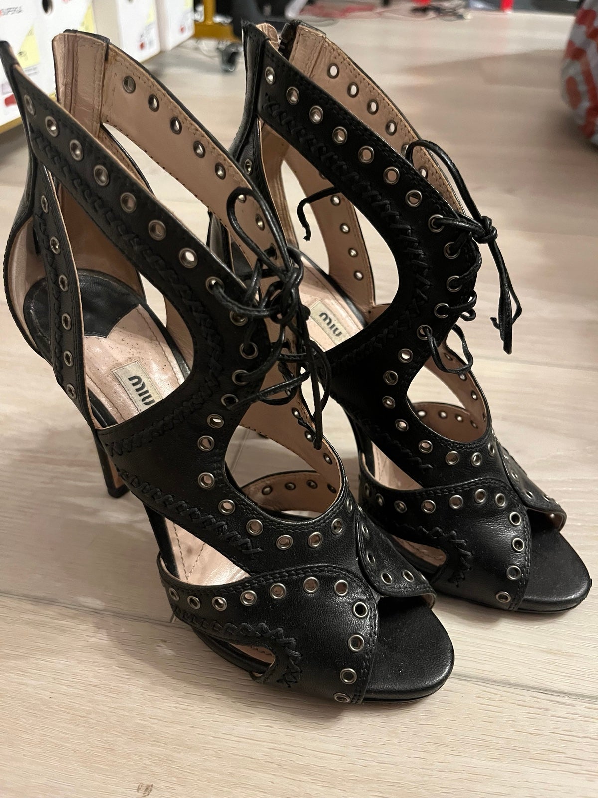 Miu Miu Napa Lace Up eyelet sandals heels black
