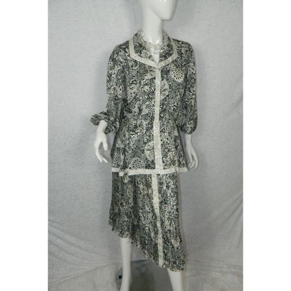 Diane Freis Set Skirt Top Size Medium/Large Black White Floral Suit