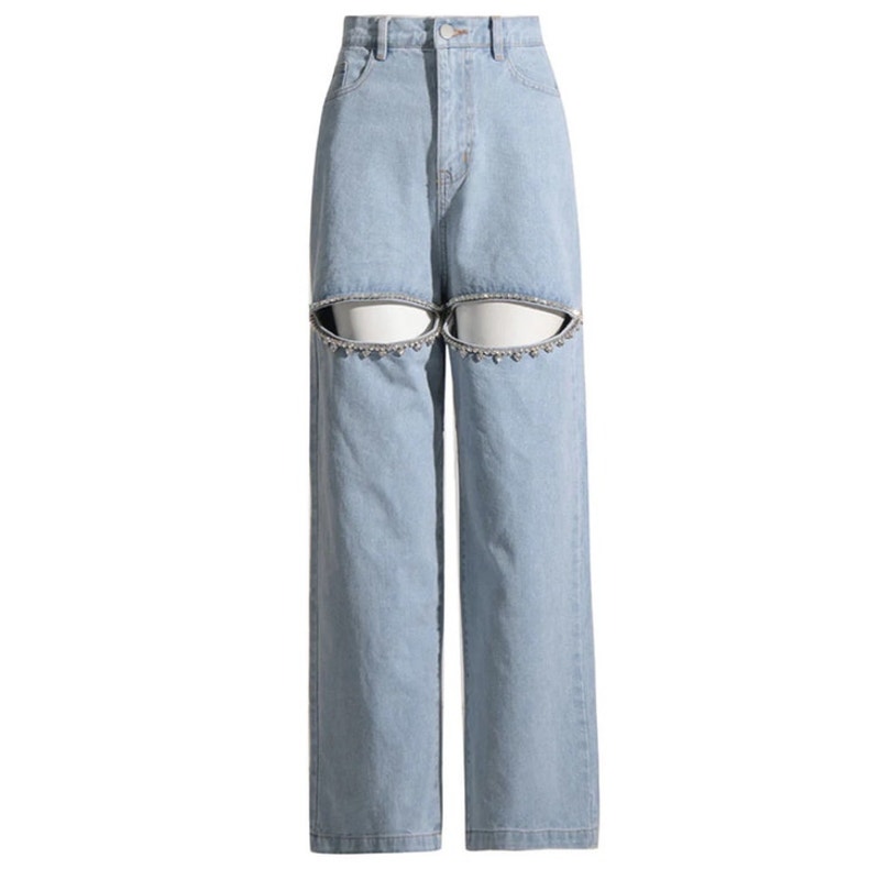 NEW Luxedress Crystal Embellished Cutout High Waist Straight Leg Jeans LARGE