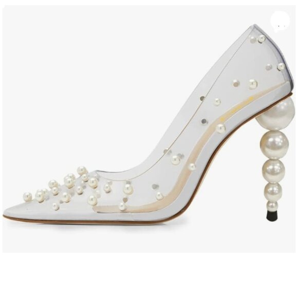 FSJ Women Sexy Pearls Transparent Pointed Toe Pumps High Heel with Pearls White