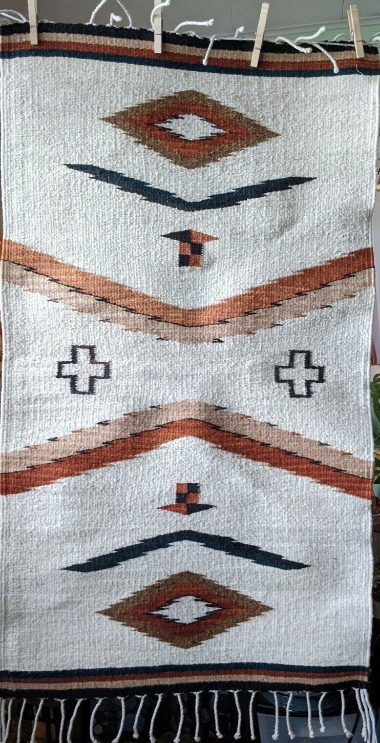 Native American Navajo Rug Vintage 23 x46 Tan Black Brown Crosses Arrows
