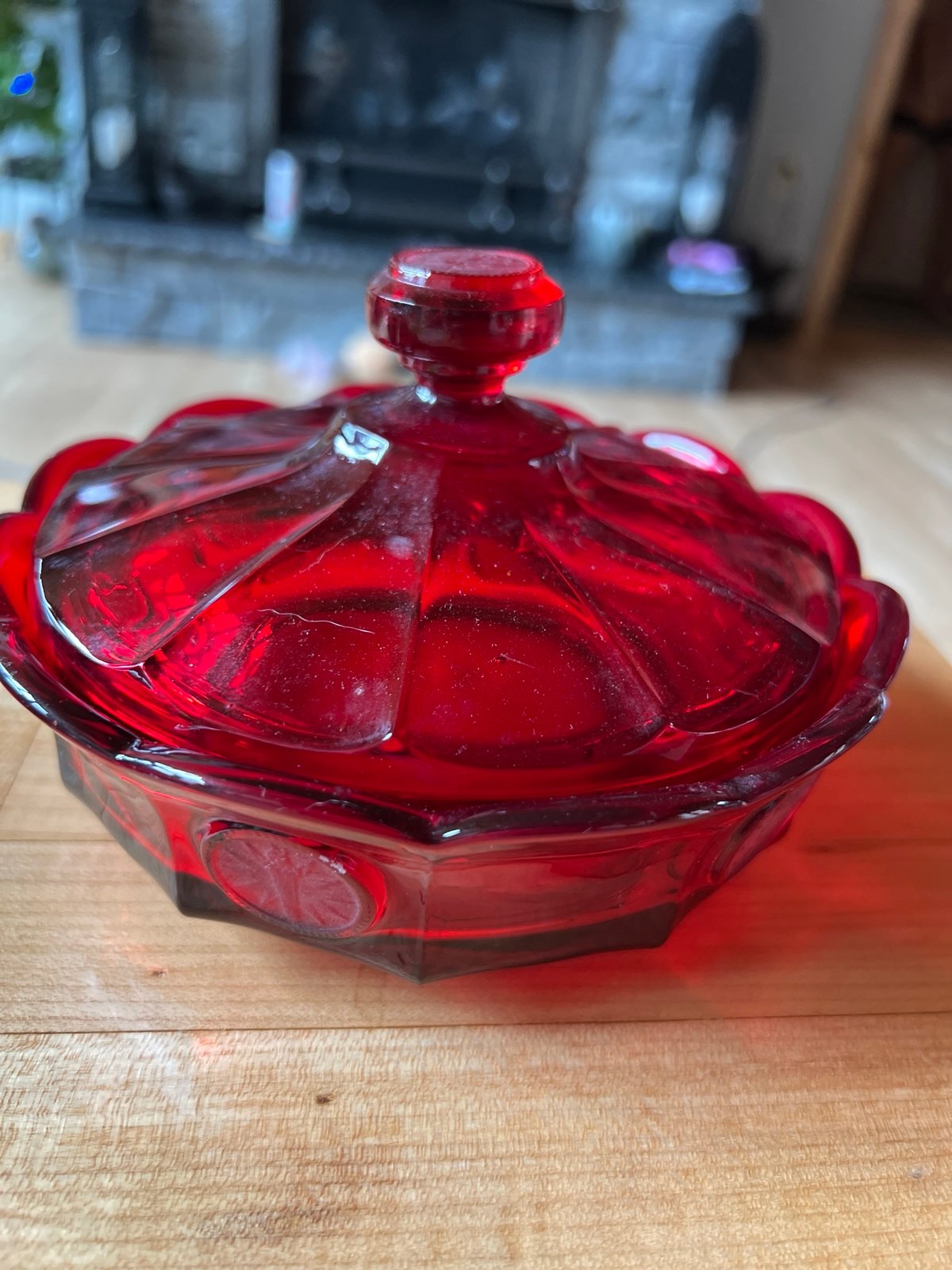 Glowing Vintage Fostoria Coin Dot Ruby Red Glass Scalloped Edge Console Bowl