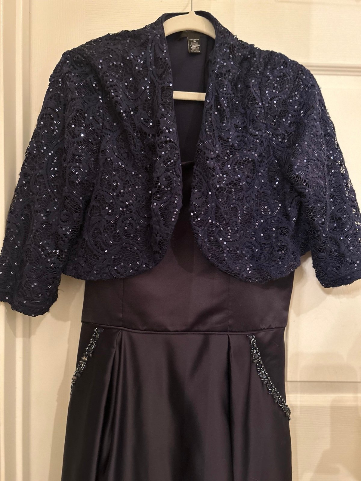Mori Lee-Madeline Gardner | Navy Blue Satin Gown + Matching Navy Blue Jacket