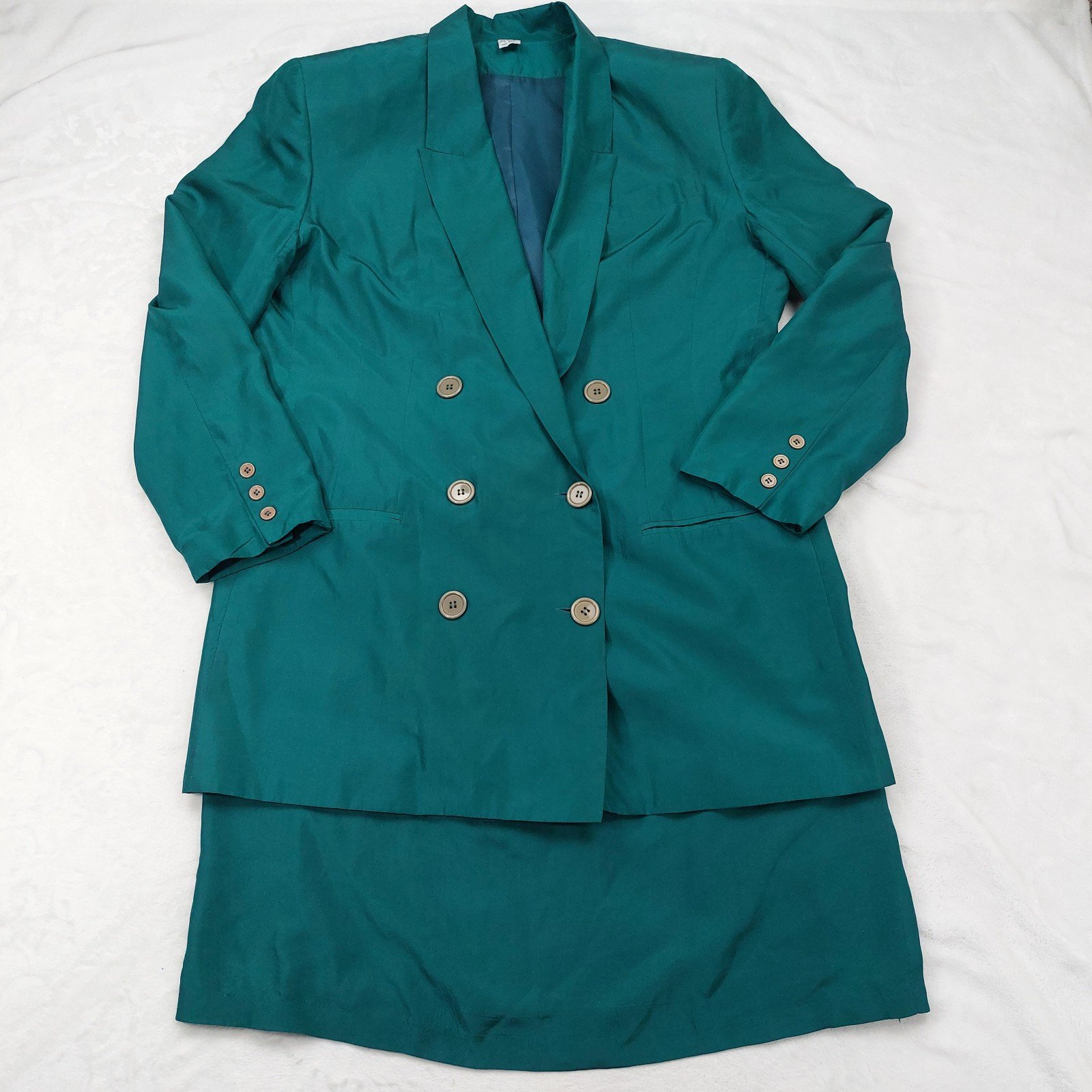 MONTGOMERY WARD WOMENS VINTAGE TEAL 100% SILK DOUBLE BREASTED SUIT SET SIZE L