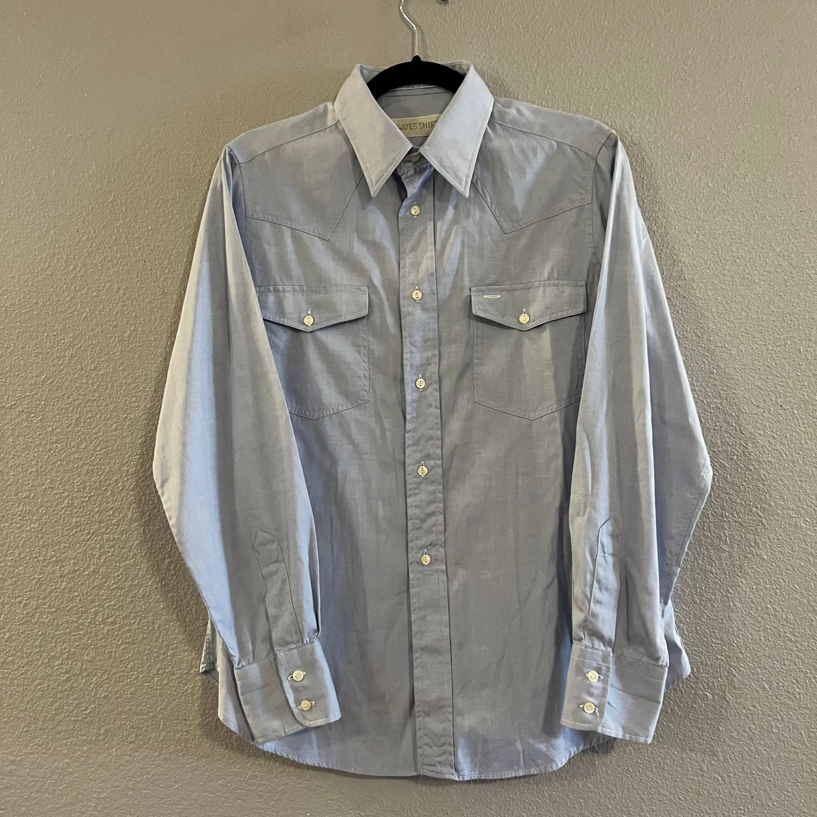 Vintage 70s Gates Van Laack Blue Western Cotton Oxford Button Up Shirt Sz 18 EVC