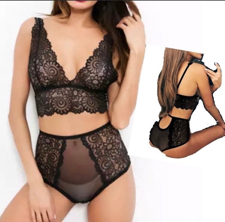 New Lace 2pc Bra Bralette High Waisted Panty Set M Black