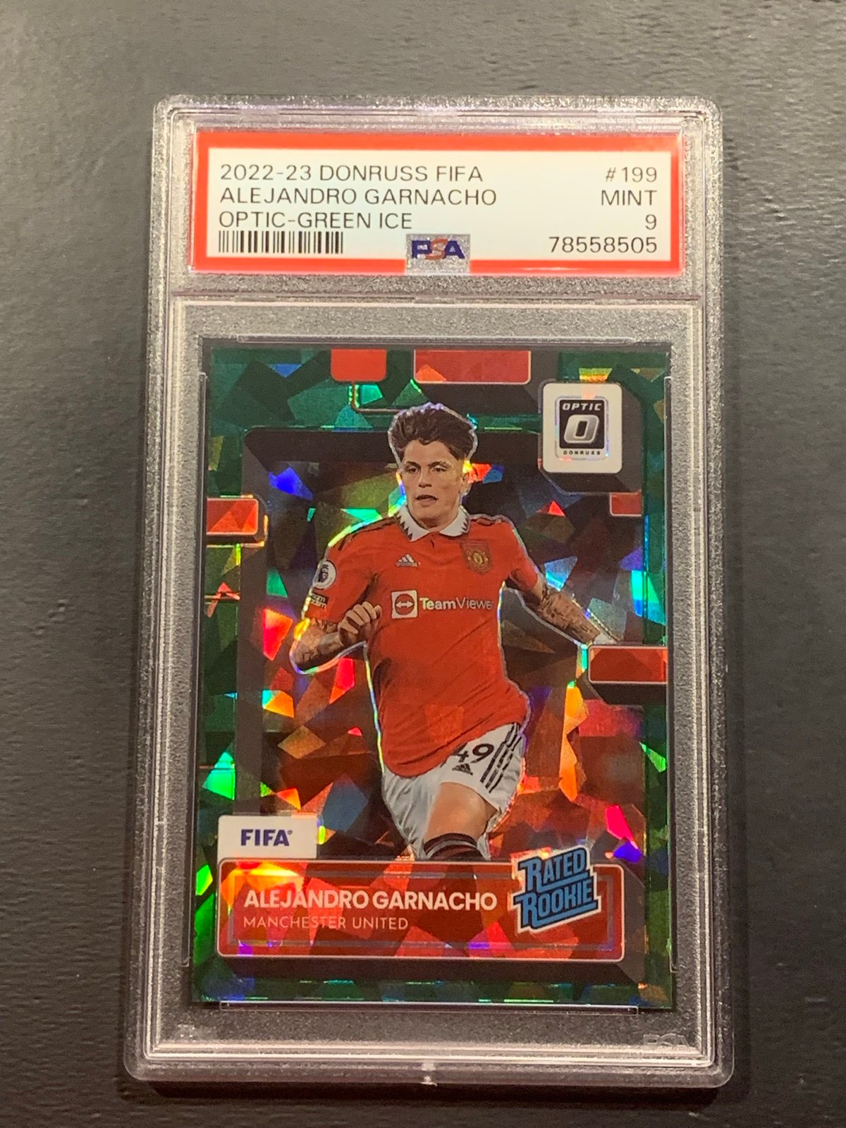2022-23 Donruss Optic Alejandro Garnacho Green Ice FIFA #199 PSA 9