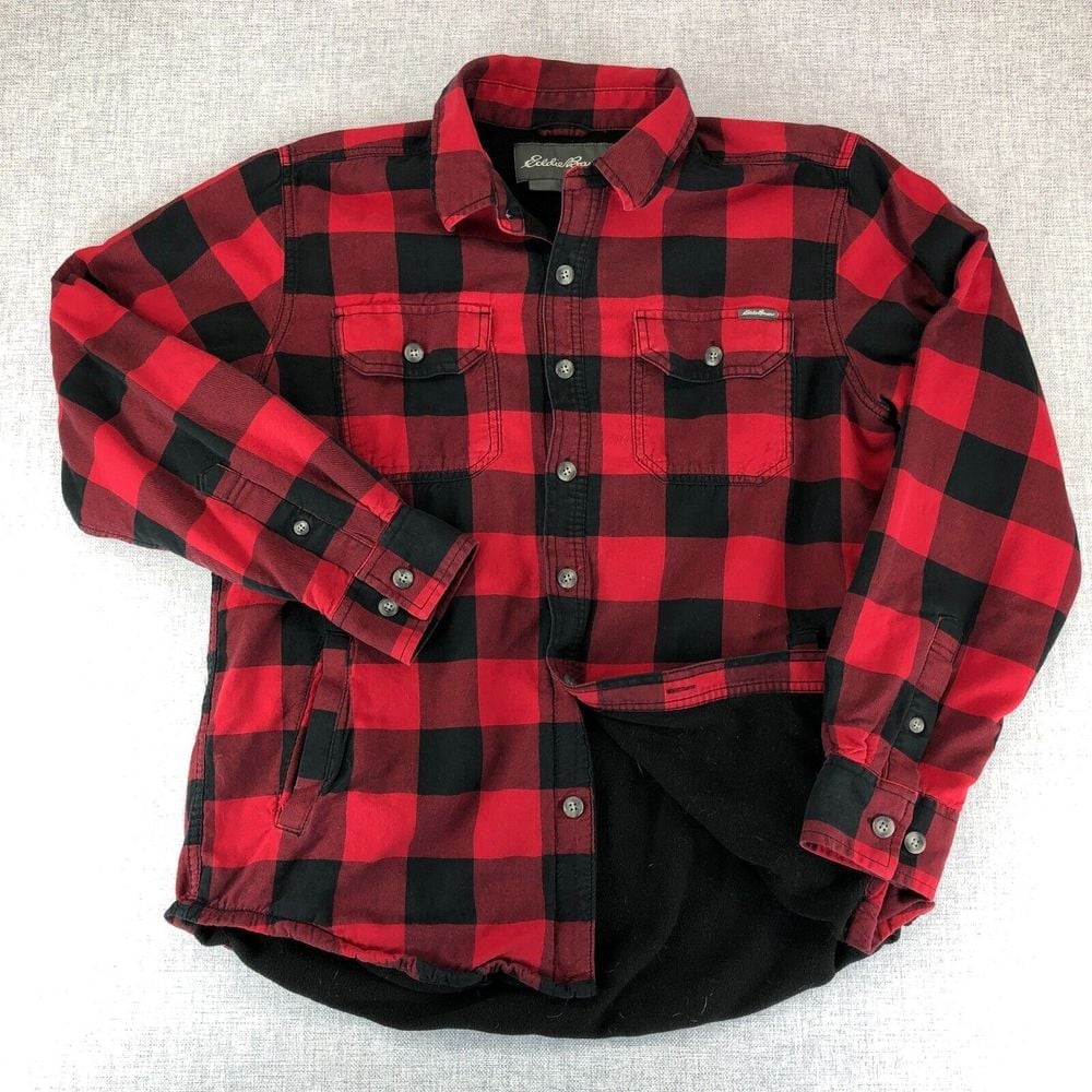 Eddie Bauer Shirt Jacket Mens Medium Red Buffalo Plaid Flannel Fleece Lined GORP