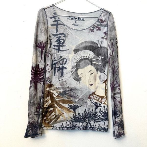 Vintage Lucky Brand Long Sleeve Oriental Scene Multicolor Japanese Geisha Girl T