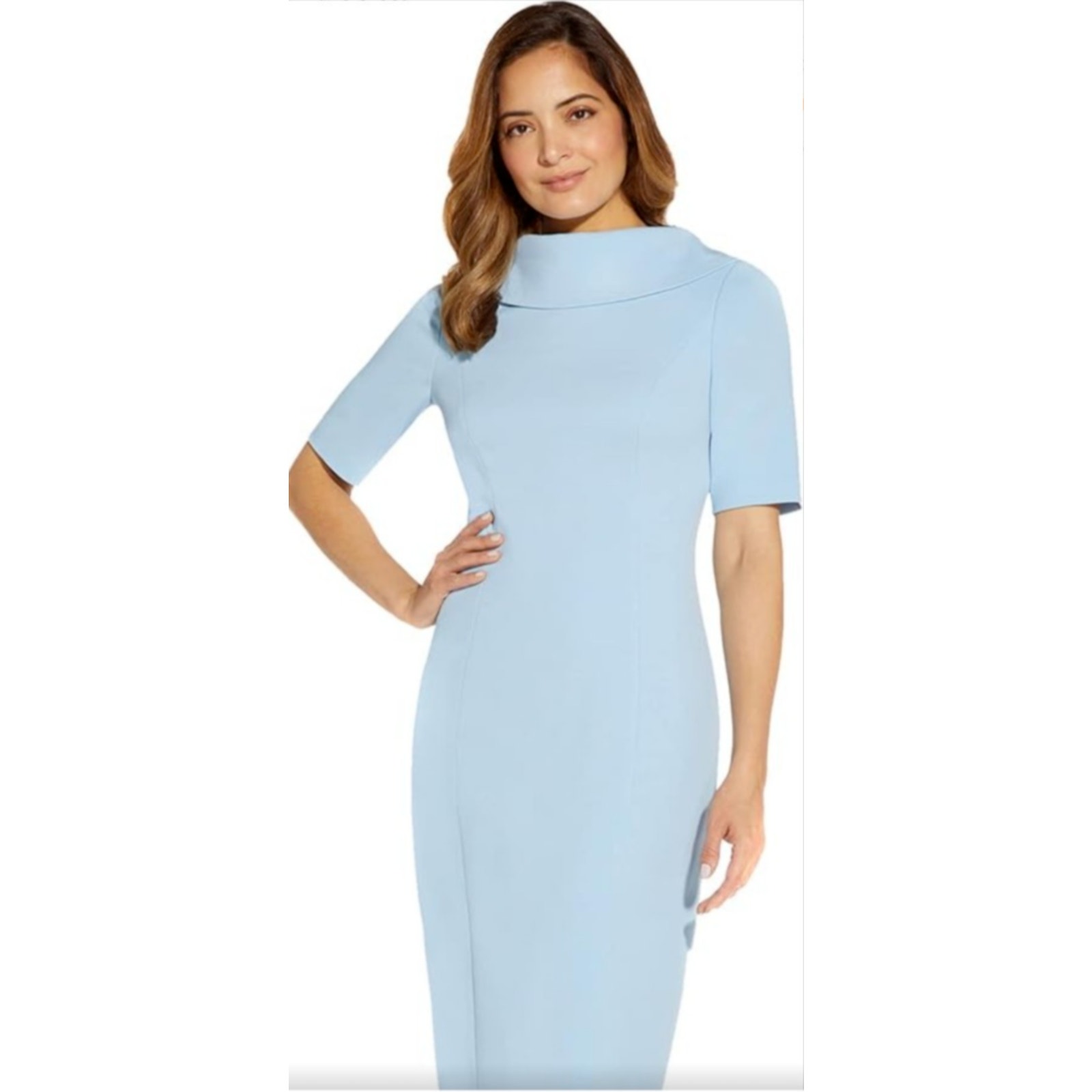 ADRIANNA PAPELL Roll Neck Sheath with V Back Dress Blue Mist Size 14
