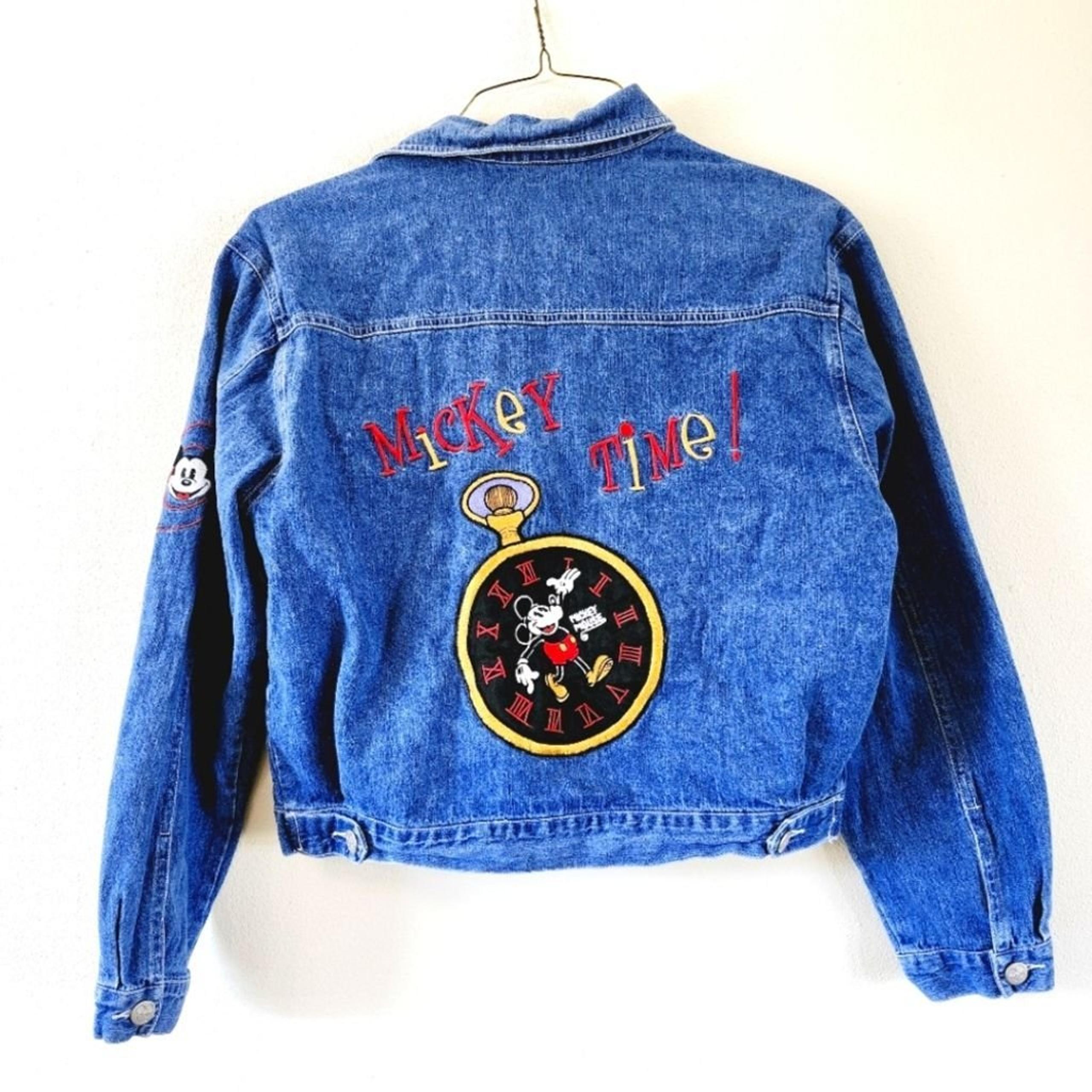Disney Vintage Mickey Mouse Time Watch Crop Denim Jean Jacket Size L Junior's