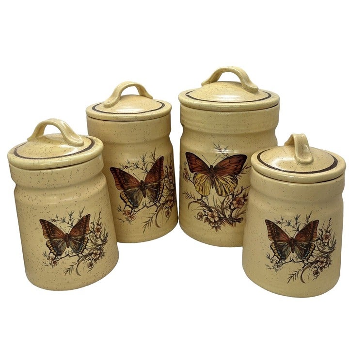 Treasure Craft Yellow Butterfly Ceramic Canister Set MCM 1970's