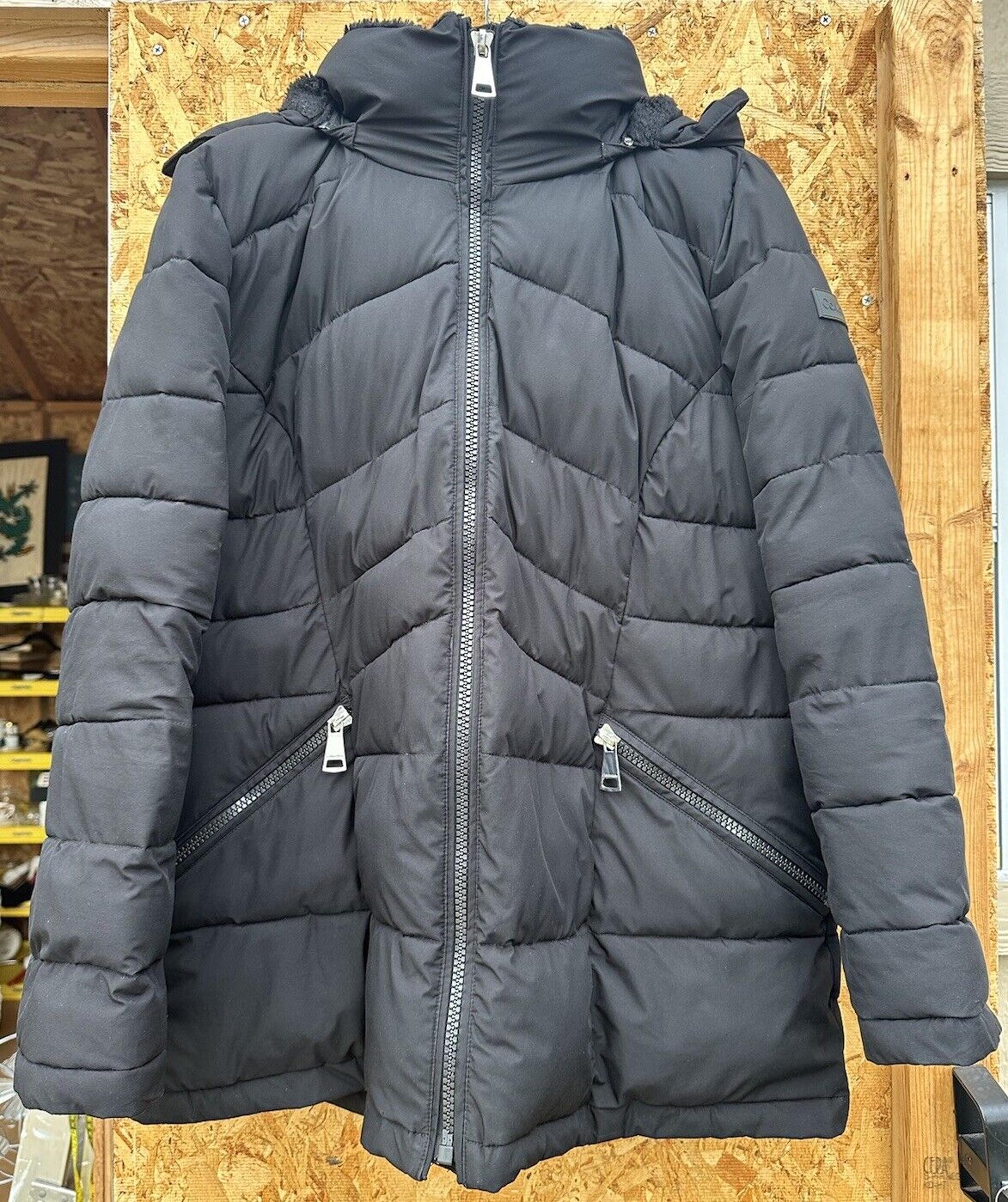 CALVIN KLEIN BLACK INFINITE STRETCH REMOVABLE HOODED PUFFER JACKET COAT XL WOMEN