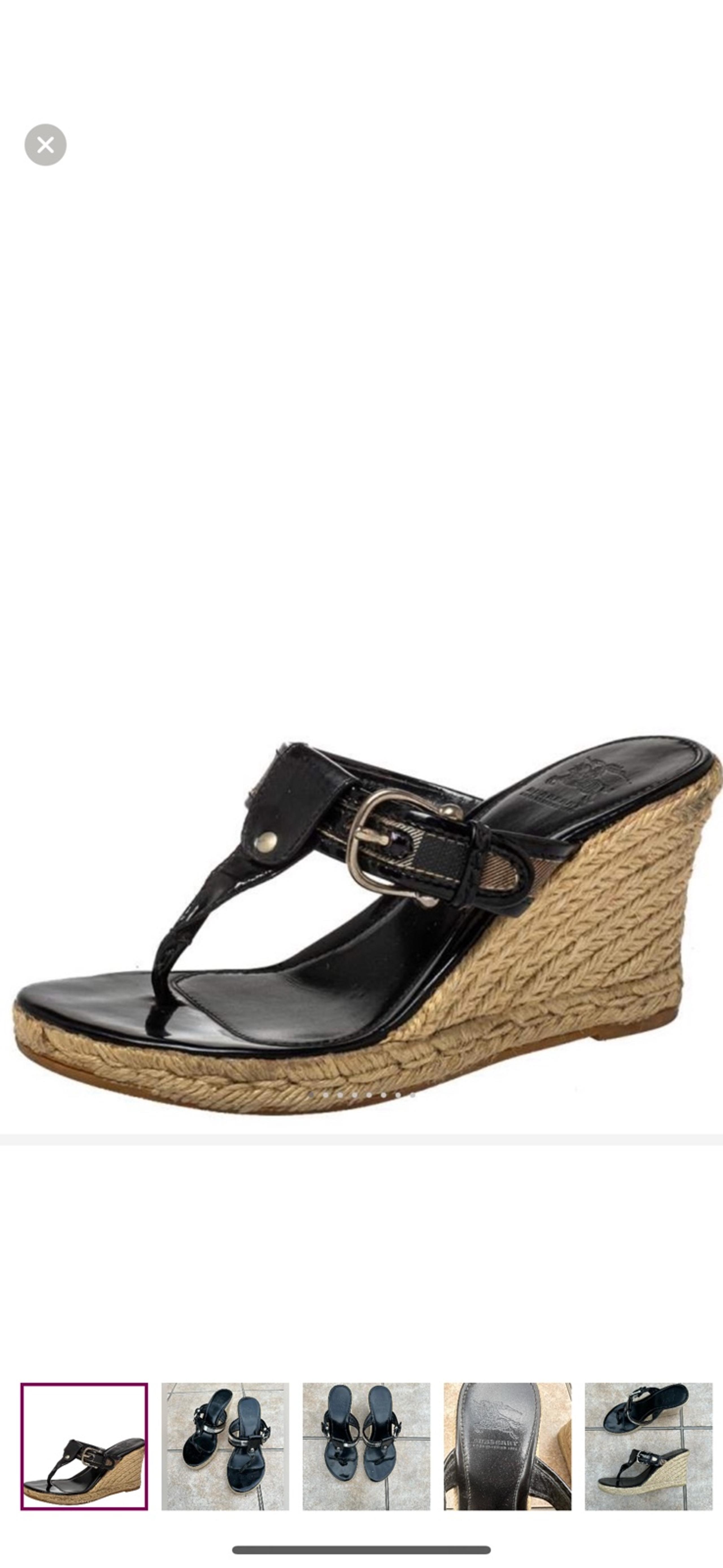 Burberry Black Novacheck Espadrille Thong Wedge Sandals Size 37