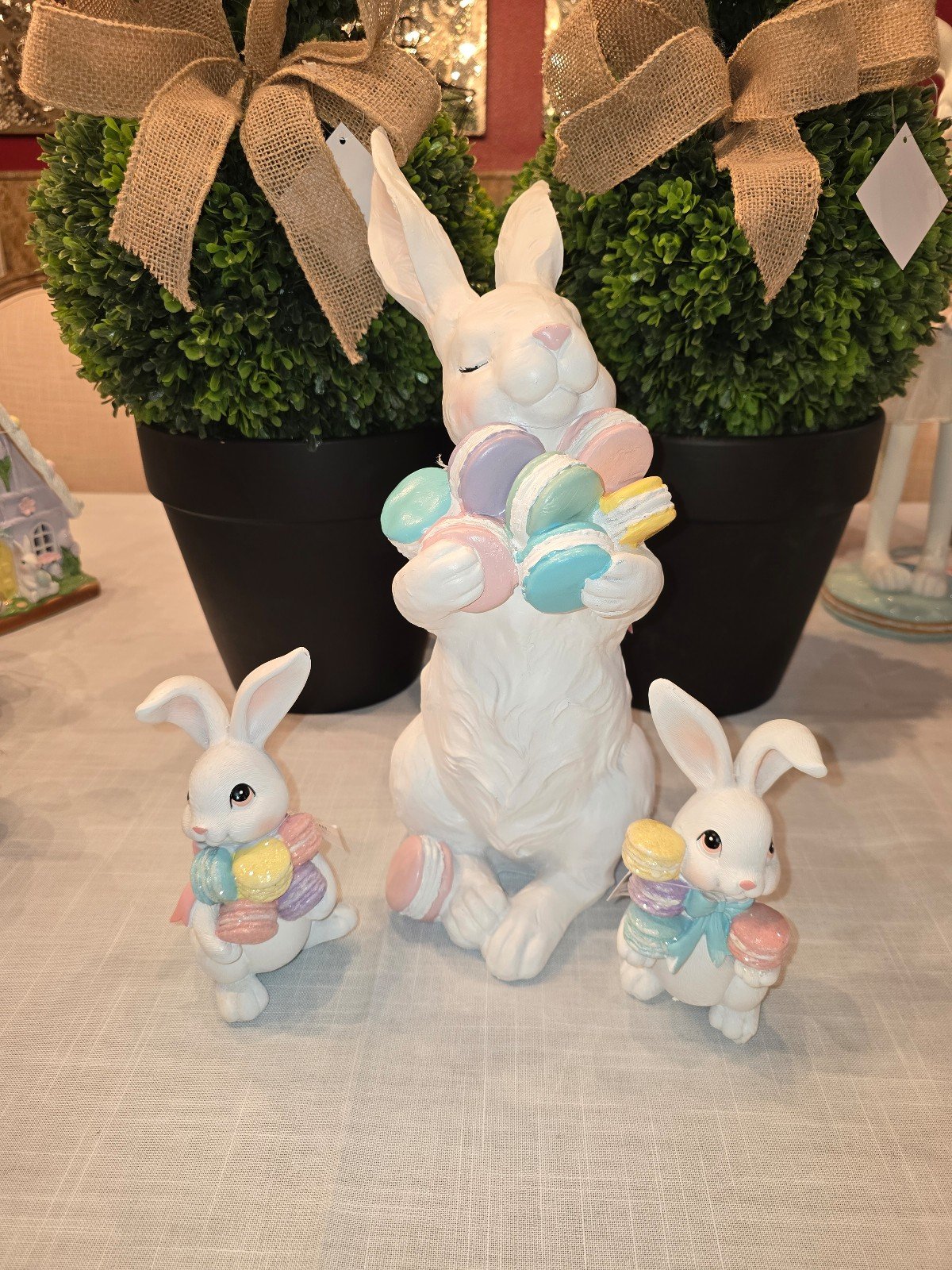 Easter Bunny 3 pc set of Tabletop Bunnies Holding Pastel Macarons