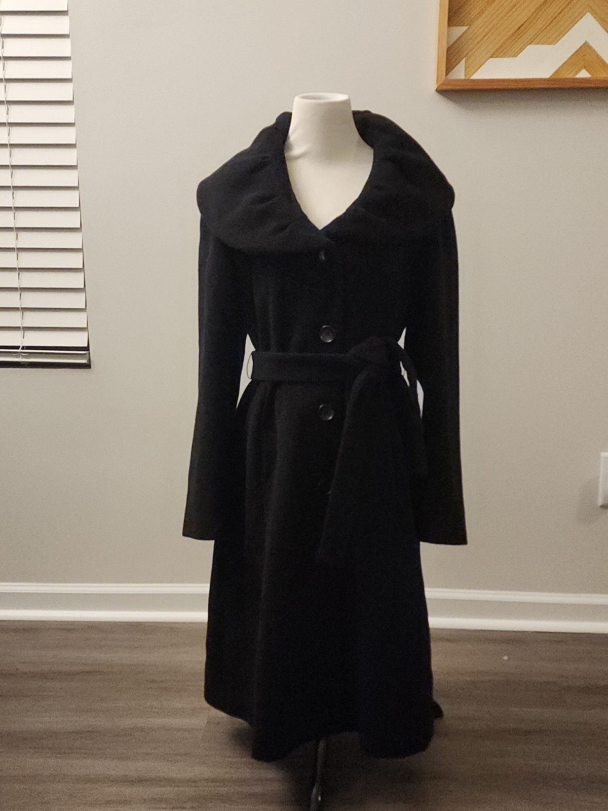 Calvin Klein Black Wool Blend Belted Tailer Long Coat Size 10