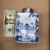 VINTAGE BLUE AND WHITE PORCELAIN TEA CADDY BY ISIS CERAMICS OF ENGLAND.