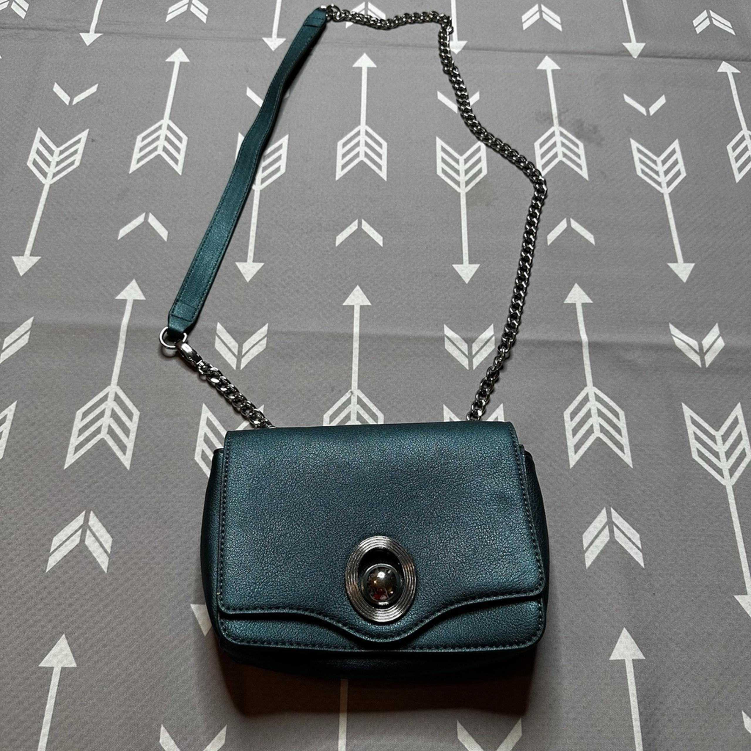 Zara Women's Small Shoulder Crossbody Bag Metallic Teal 8x6 Silver Hardware