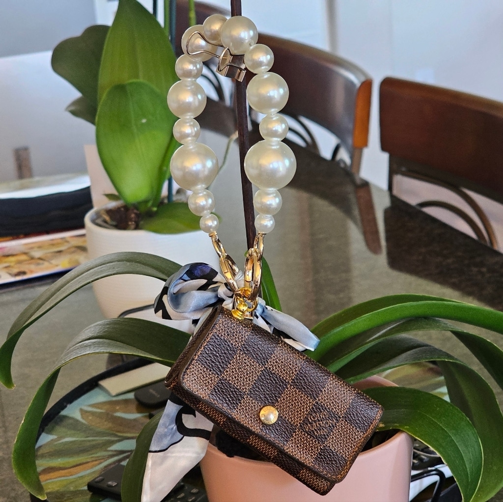 Louis Vuittion Damier Ebene Key Case Holder W/Twilly, Wristlet, And Charms Added