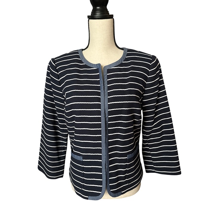 NWT Talbots Navy & White Striped Latch Front Jacket Cotton Contrast Trim Size 12