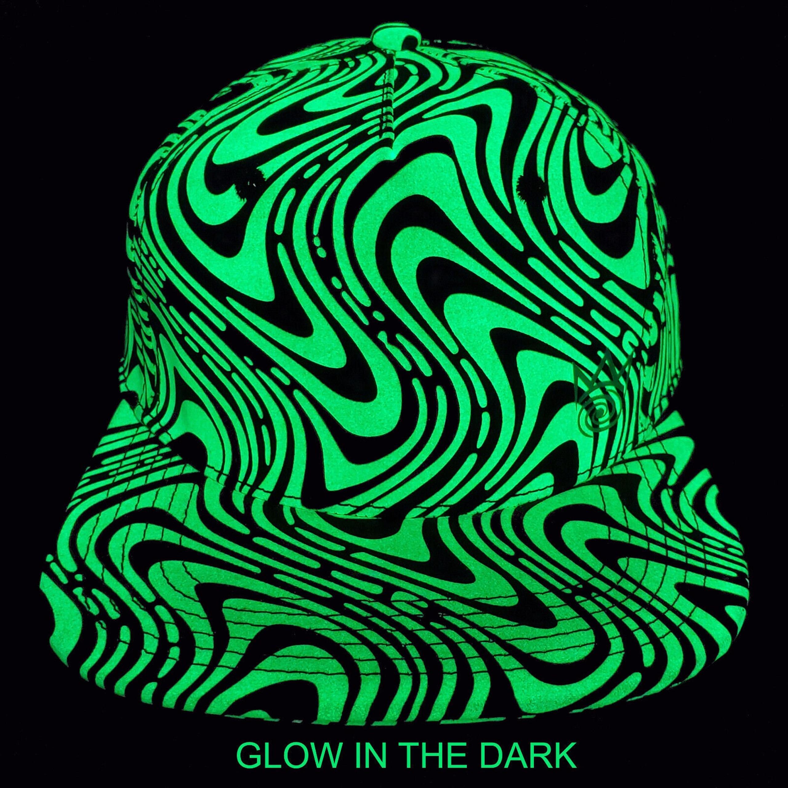 Glow in the Dark Trippy Green Wavy Snapback Hat Blacklight Reactive Cap NWT - Rave