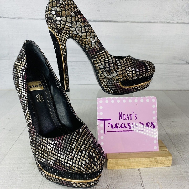 El Dantes Spain V14523 Snakeskin Gold Tone Leather Platform Heels Sz 38 US 8