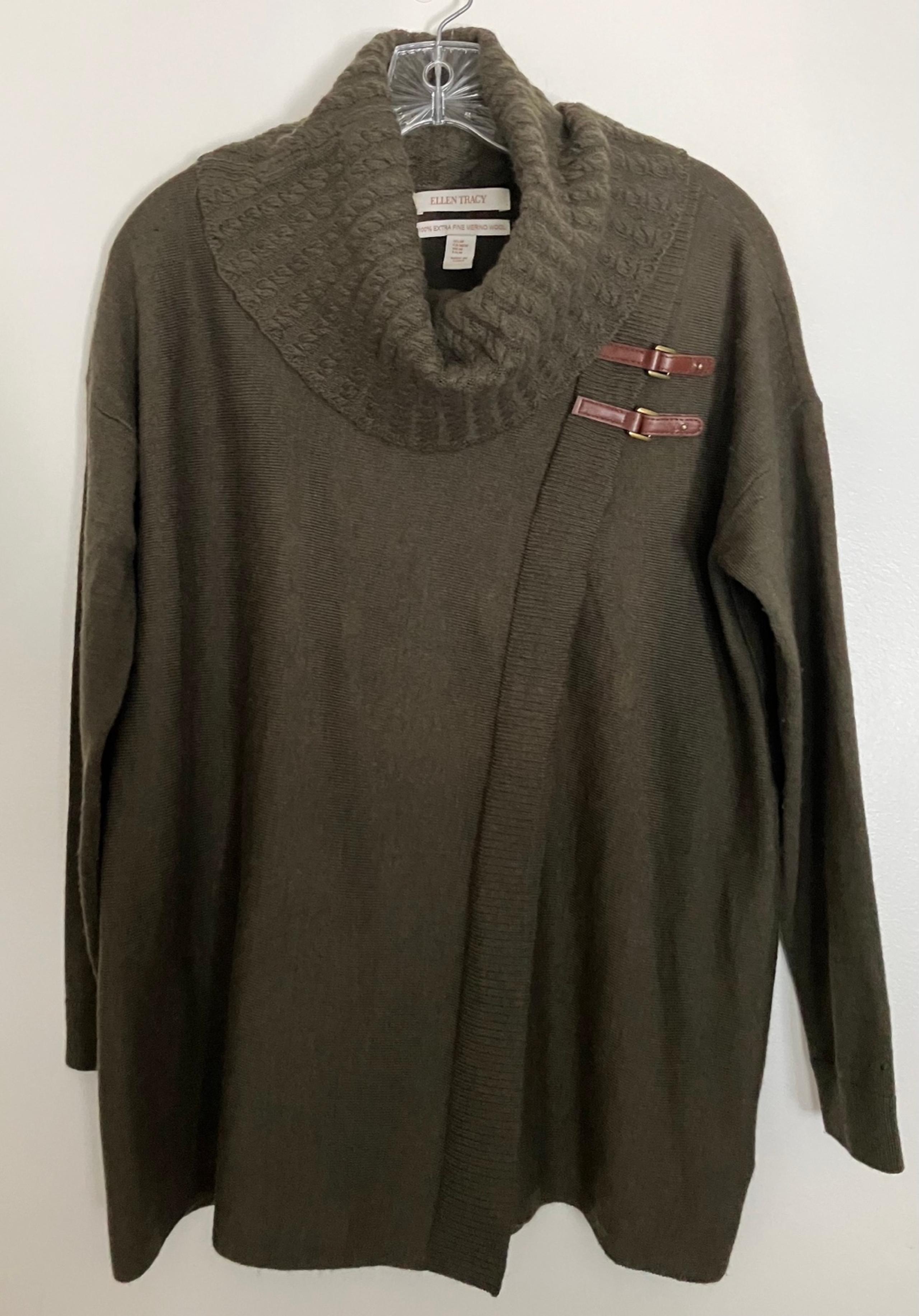 Ellen Tracy Sweater Womens Medium Green 100% Merino Wool Long Sleeve Cowl Neck