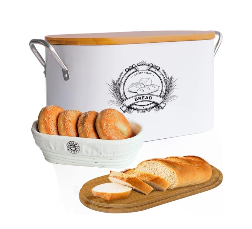 White Oval Metal Bread Box w Bamboo Lid & Banneton Basket