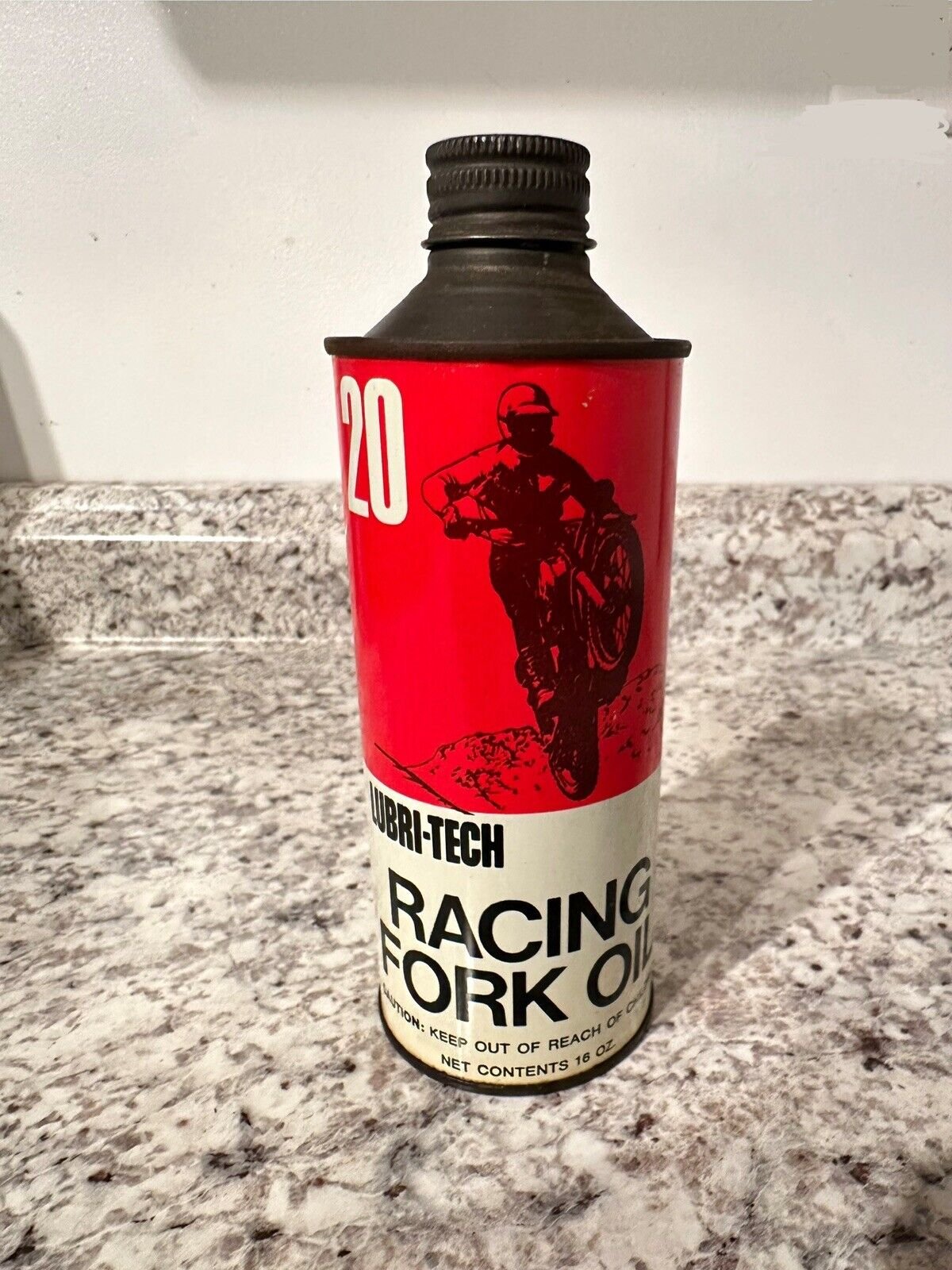 Vintage Lubri-Tech Racing Fork Oil 20 16oz Metal Cone Top Motor Oil Can - Empty