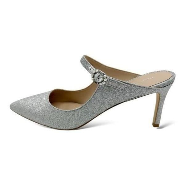 NEW Stuart Weitzman Silver Shimmery Mule Heels Pearl Buckle Accent Size 9.5