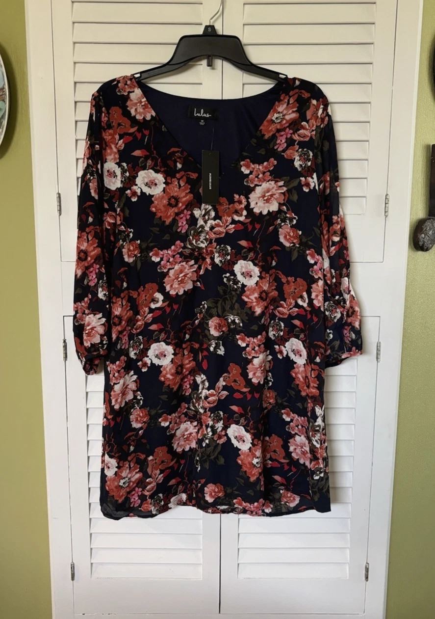 Lulus Navy Blue Floral Print Mini Slit Sleeve Tunic Dress Sz Medium New with Tag