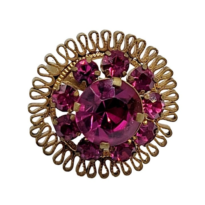 Signed Austria Vintage Rhinestone & Brass Adjustable Ring (A415)