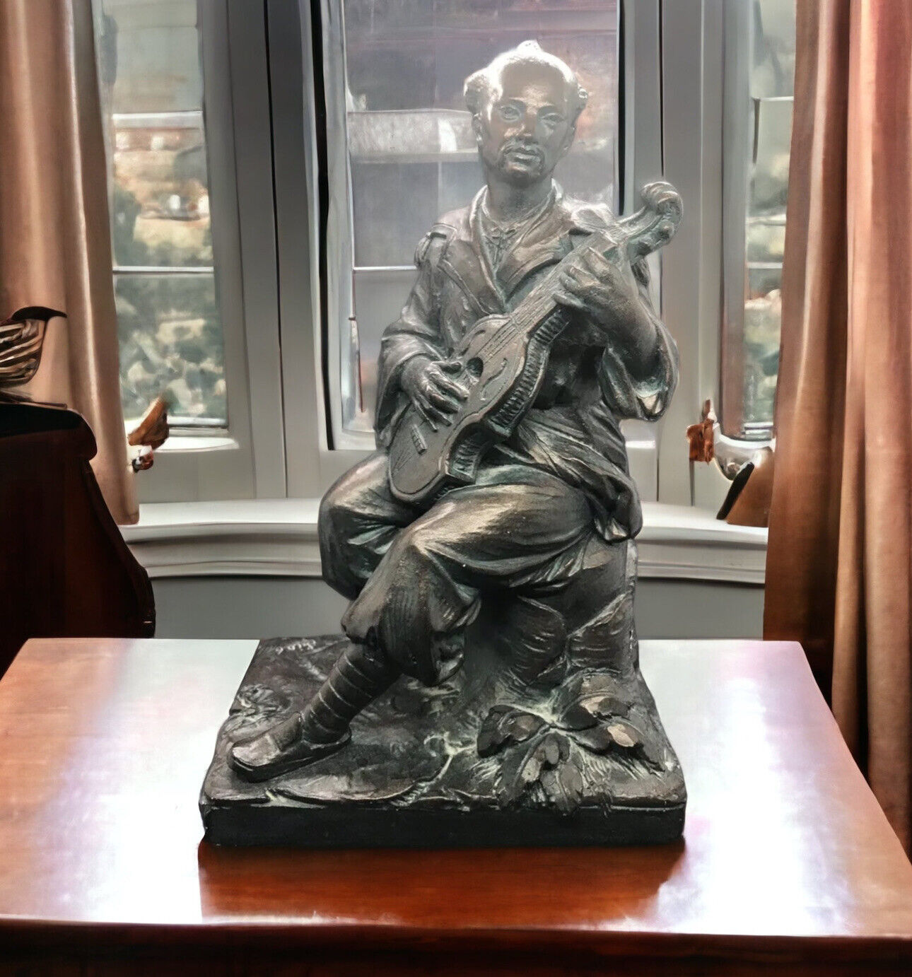 RARE BRONZE FINISH LUTE PLAYER AUSTIN PROD INC RESIN SCULPTURE 1975 SIGNED LIAO