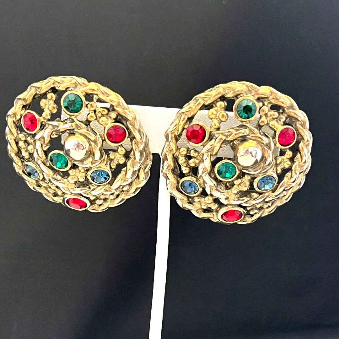 Vintage Signed Les Bernard Earrings Huge Crystals Gold Tone Collectible 1D